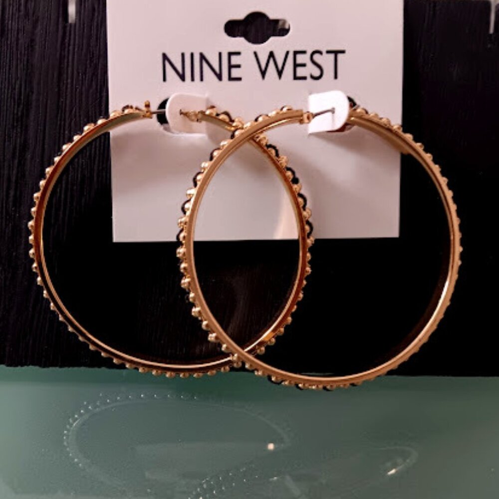 NINE WEST Mod/Contemporary Gold Black Woven & Bead Hoop Earrings**NEW! - Picture 2 of 3